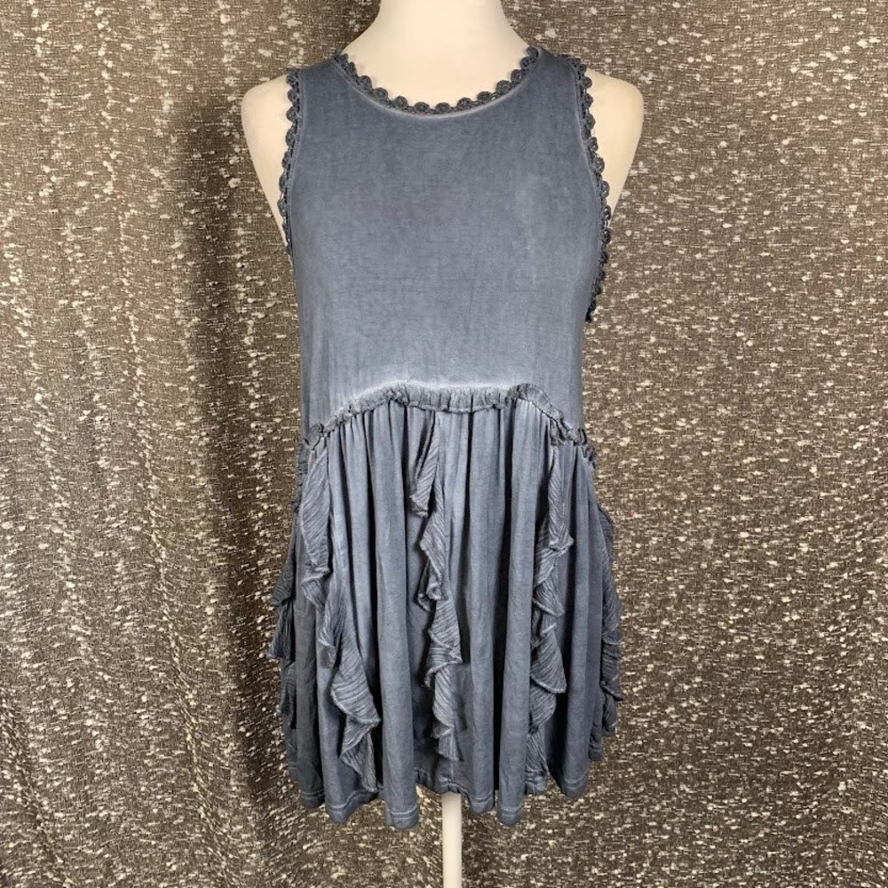 POL Sleeveless Tunic Top Blue Ruffle Crochet Boho Festival Women's Small